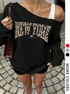 Women's Asymmetrical Shoulder Hoodie, Leopard Print Letter Pattern, Comfortable Skin-Friendly, Casual Daily Wear, Outdoor Sports, School Style