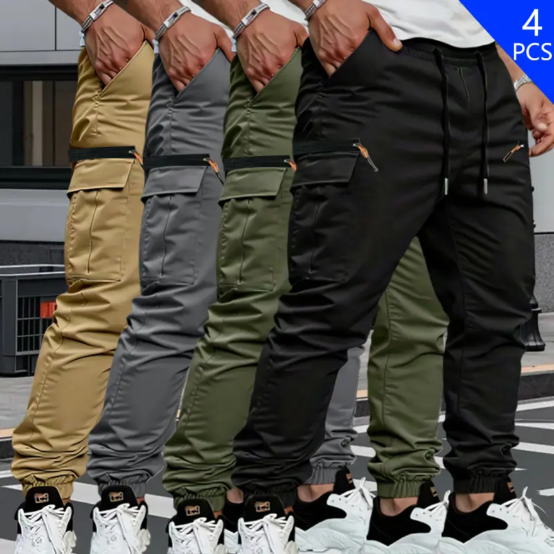 Men's 4-Pack Loose Cargo Pants - Relaxation Men's Pants, Lightweight, Breathable, Multi-Pocket, Drawstring Waistband, Machine Washable, Suitable for Hiking, Everyday Casual Wear