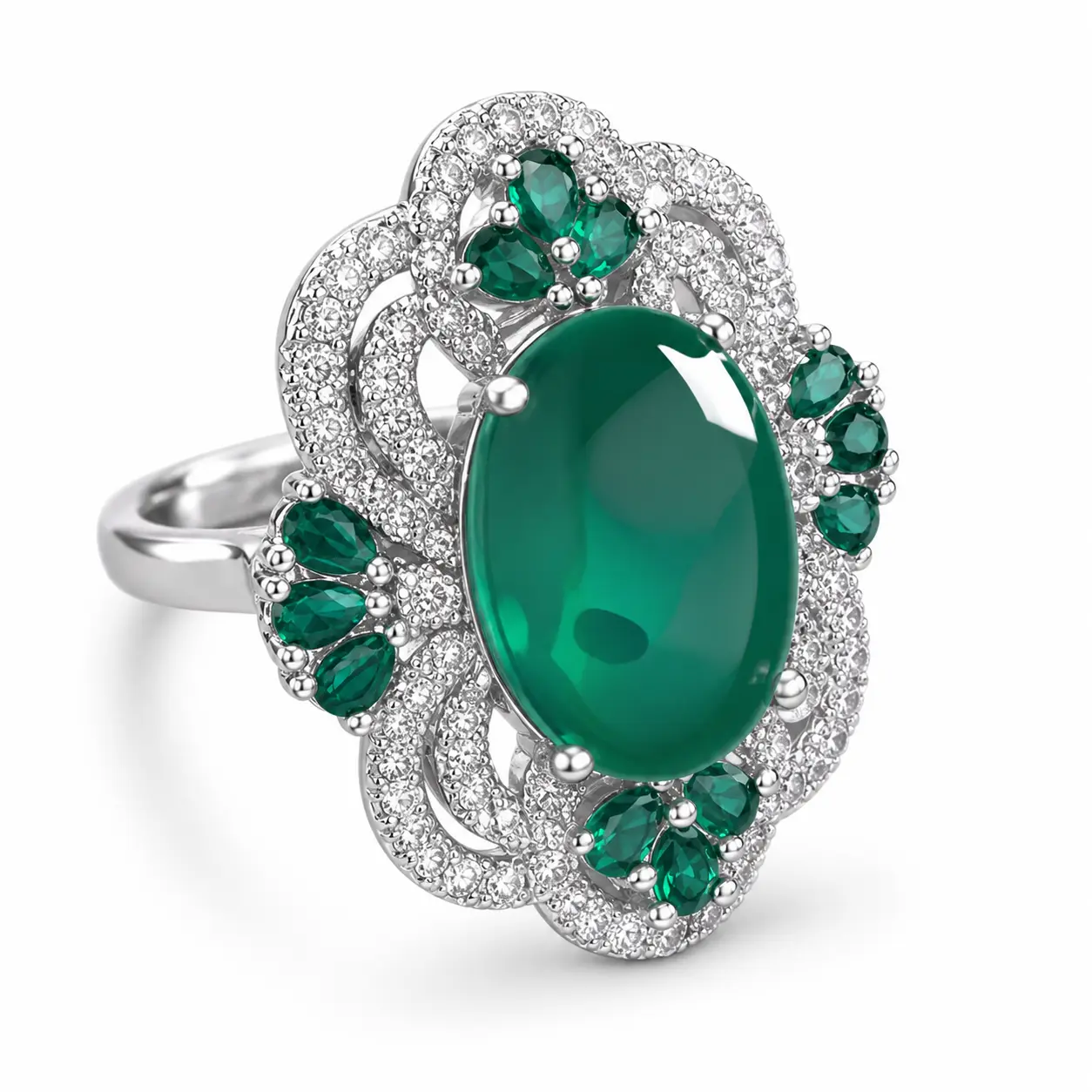 Vintage emerald green cabochon oval ring, 925 silver plated, CZ halo flower statement ring for women, luxury large stone cocktail party jewelry gift
