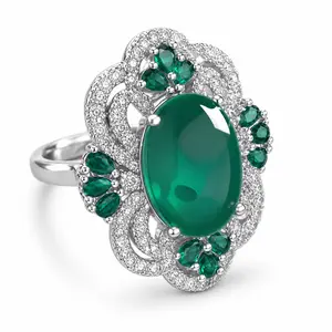 Vintage emerald green cabochon oval ring, 925 silver plated, CZ halo flower statement ring for women, luxury large stone cocktail party jewelry gift