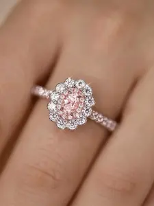 1pc Luxury Two-Tone Sunflower Ring with Four-Prong Oval Cut Cubic Synthetic Zirconia Accent, Wedding Ring, Promise Ring
