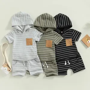 Toddler Baby Boy Summer Outfits Hooded Striped Short Sleeve Shirt and Waist Shorts Pocket 2 Pcs Set Summer Clothes