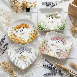 Personalized Birth Month Flower Ring Dish Custom Name Jewelry Trinket Dish