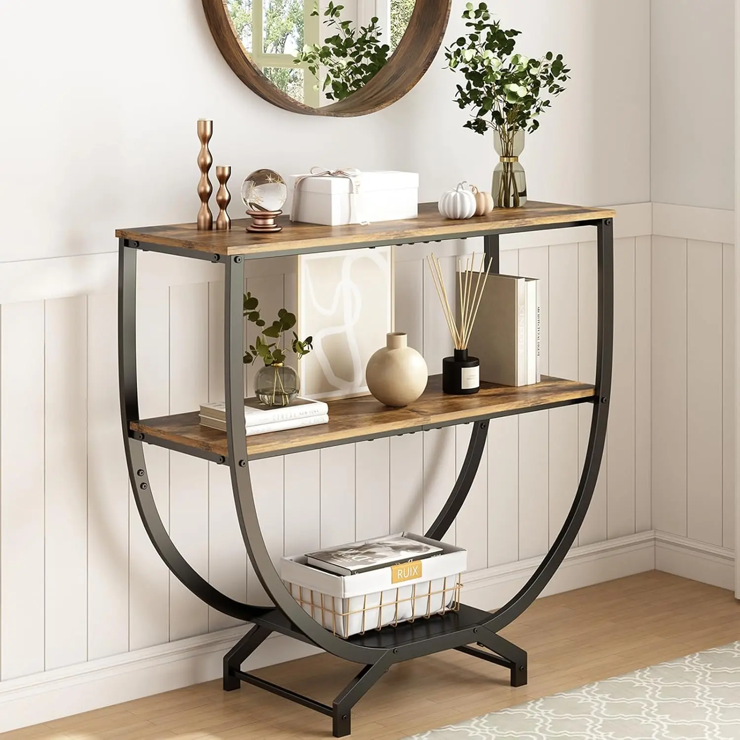 3 Tier Console Tables, 30" Height Entryway Table, Sofa Table Behind Couch, Industrial Entryway Furniture TV Stand with Storage for Living Room, Easy No-Extra-Tools Assembly, Rustic Brown