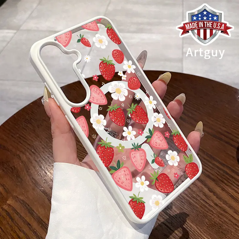 Magnetic Phone Case for Samsung Galaxy S24 Plus S25 Ultra S23 FE Ultra S22+ Strawberry Daisy Pattern TPU Shockproof Anti-Scratch Stylish Smartphone Cover