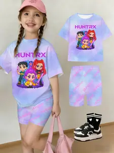 Summer Girls' Set, Drop Shoulder Short Sleeve Yoga Pants Two-Piece Set, Blue Tie-Dye, K-Pop Cartoon Print, Casual for Daily Wear