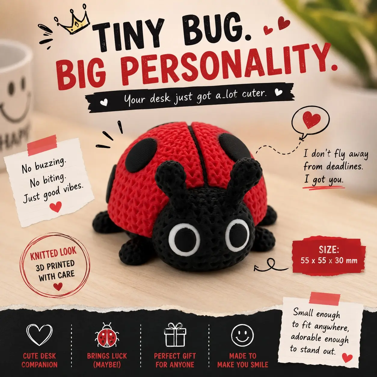 Knitted Lady Bug Desk Buddy - Perfect Size for Room Decoration, Detailed Model Made from Plastic, Bring Some Luck