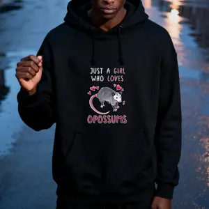 just a girl who loves opossums hoodie sweatshirt casual loose fit hoodie sweatshirt with pink hearts and opossum cute graphic machine washable funny animal lover apparel