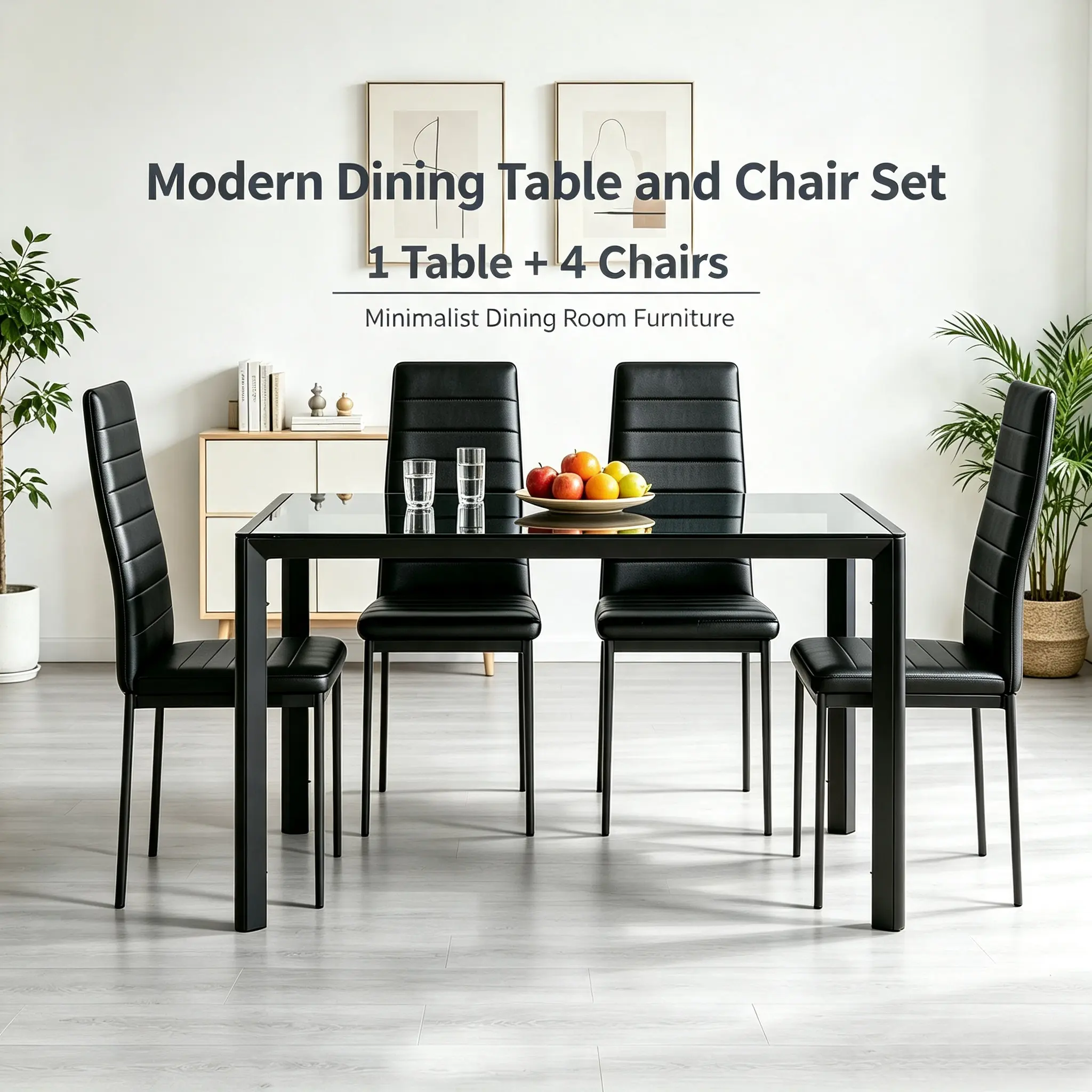 5-Piece Modern Dining Table Set for 4, Small Space Kitchen Table & Chairs Combo, Tempered Glass Top with Sturdy Metal Frame & Soft PU Leather Seats, Space-Saving Apartment Furniture, Black