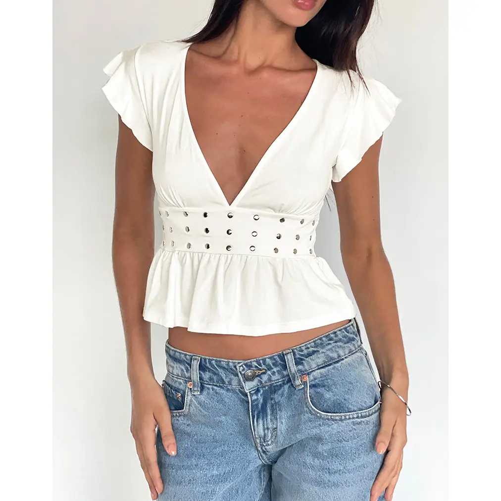 Leisma Frill Top in Jersey White with Studs