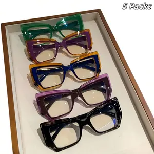 5 Piece Set Retro Cat Eye Glasses Large Polygonal Frame Colorblock Design French Oil Painting Inspired Non Prescription Eyewear Simple Stylish for Casual Formal Occasions