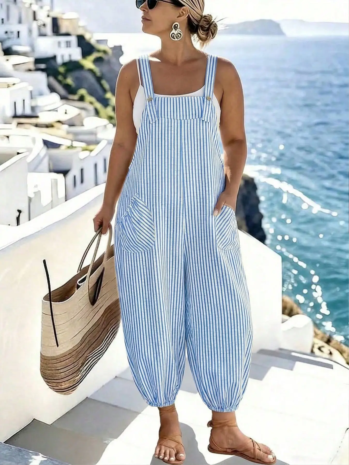 Plus Size Women's Spring Summer Elegant Fashion Casual Everyday Commute Checked Pocket Belted Baggy Stripe Jumpsuit Overall, Loose-Fitting All Seasons Clothing Womenswear