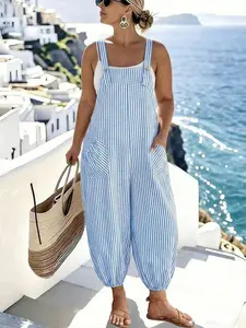 Plus Size Women's Spring Summer Elegant Fashion Casual Commute Checked Pocket Belted Jumpsuit, Loose-Fitting All Seasons Clothing Womenswear
