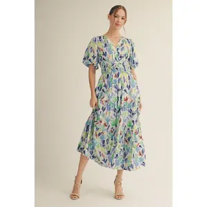 Jodifl Abstract Floral Short Puff Sleeve Midi Dress