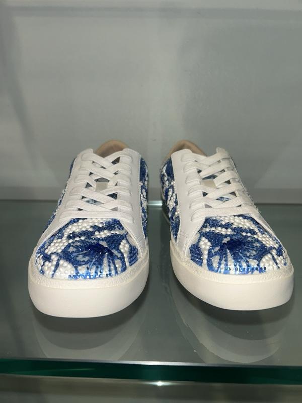 Betsey Johnson White Platform Sneakers with Blue Crystal-Inspired Detailing for Everyday Wear and Brunch Outings