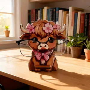 Cute Highland Coweye Glasses Frame - Wooden Glasses Display Frame with Pink Flower Decoration, Black Glasses Frame, Used for Home Office Desktop Decoration Gifts, Fun Home Decor, Creative Decoration