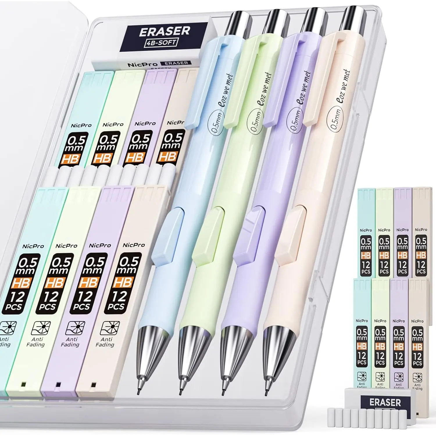 Nicpro 4PCS Pastel Mechanical Pencil 0.5mm, Cute Fast Click Mechanical Pencils Set with 100PCS HB Lead Refills, Erasers and Eraser Refills, Aesthetic Mechanical Pencils for Writing, Drawing, Sketching