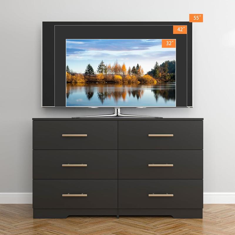 6 Drawer Dresser with Gold Handles for Bedroom, Modern Wide Chest of Drawers with Sturdy Frame for Living Room, TV Stand with Drawers Storage Cabinet Furniture for Closet Beside Living Room,Black Aesthetic Interior