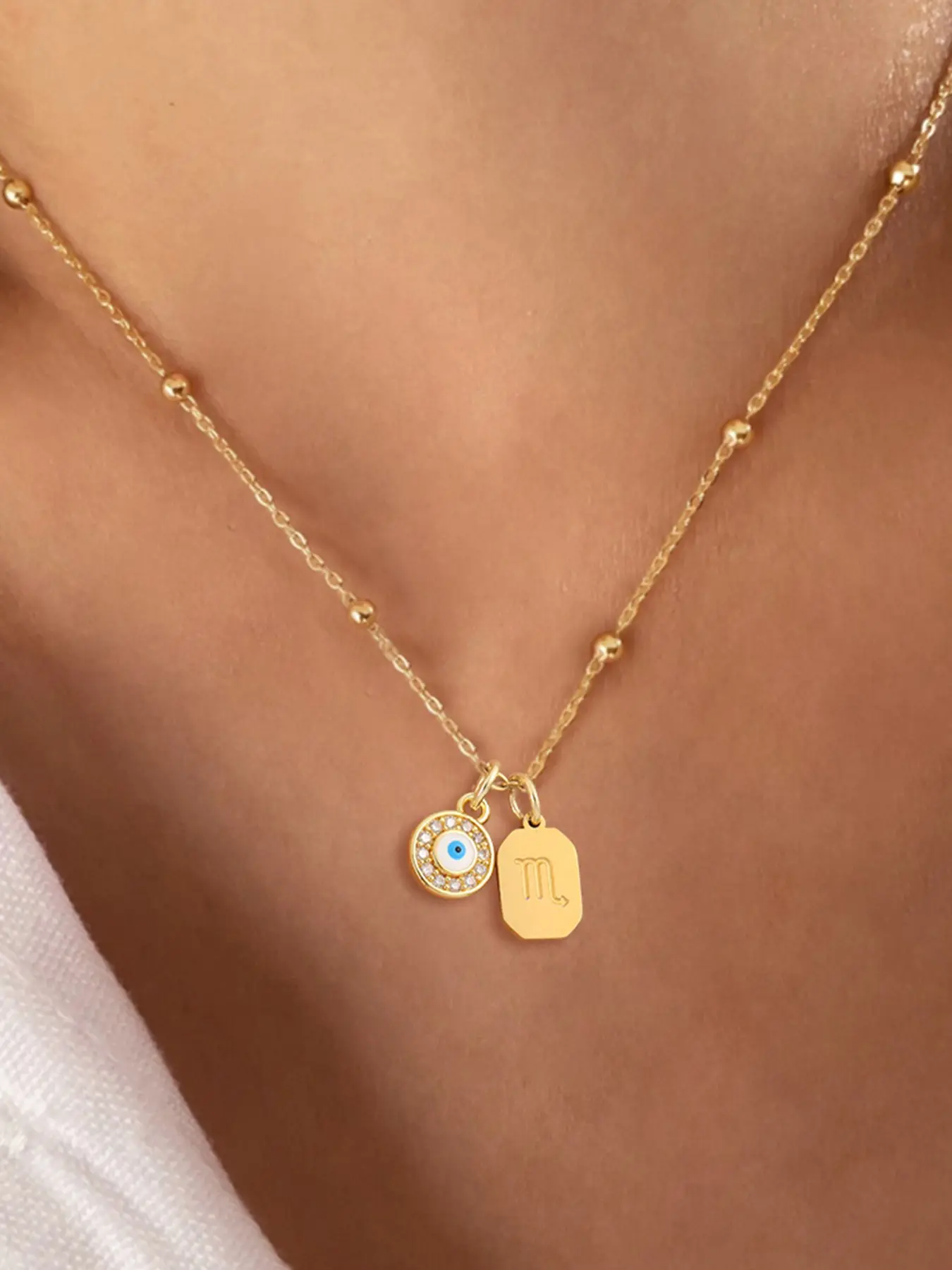 Women's Zirconia Eye Zodiac Pendant Necklace, Celestial Pendant Necklace, Dainty Necklace, Goddess Necklace, Decorative Necklace, Stainless Steel Beaded Chain, Elegant Fashion Jewelry for All Seasons