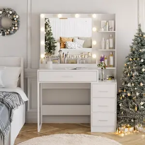 [Valentine's Day gift]LHBCRAFT Makeup Vanity Desk with Adjustable LED Lights, Bedroom Vanity Desk with Drawers and Charging Station