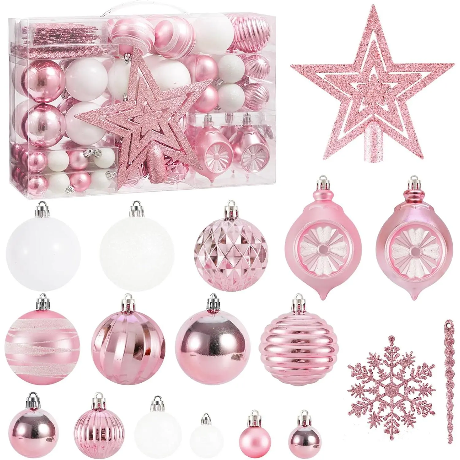 100PCS Shatterproof Pink-White Traditional Round Christmas Tree Ball Ornaments Set with Topper, Hanging Decorations for Festive Home Decorations