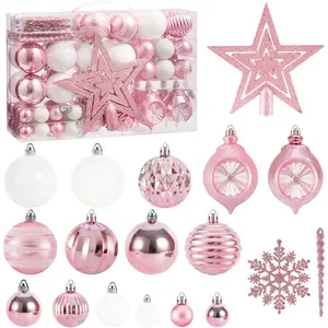 100PCS Christmas Tree Balls Ornaments Set with Topper, Pink+White Shatterproof Hanging Christmas Tree Decorations