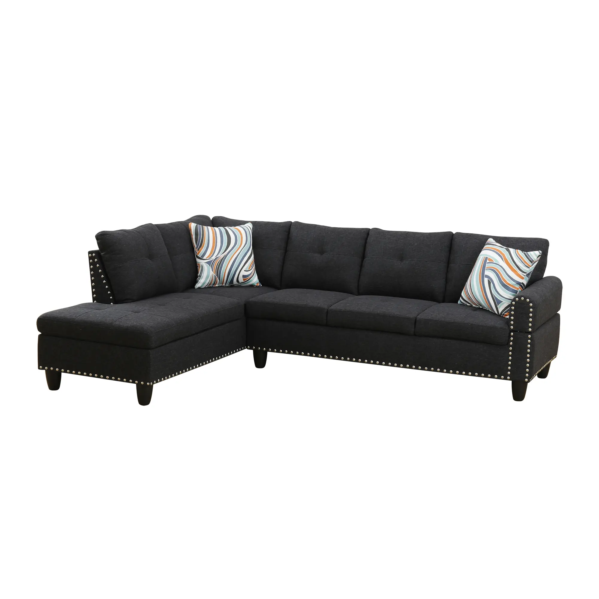L-Shaped Sectional Sofa with Cup Holders and Storage Ottoman, Black Faux Leather, 5-Seat Traditional Design