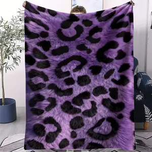 Leopard Spot Print Flannel Sofa Blanket, Purple Faux Fur Leopard Print Blanket For Bedroom and Travel, All Seasons