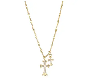 Double Cross Necklace Gold Alloy Cross Pendant Necklace for Women Trendy Faith Inspired Layered Look Minimalist Everyday Jewelry Gift for Birthdays Holidays and Special Occasions