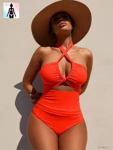 Aura Swim Neon Tangerine Cross-Strappy 1-Piece Swimsuit, Elegant Ruched Cutout Tummy Control Swimsuit for Women, 2026 Summer Vacation Essential, Tummy Control Swimsuits For Women, One Piece Swimsuit