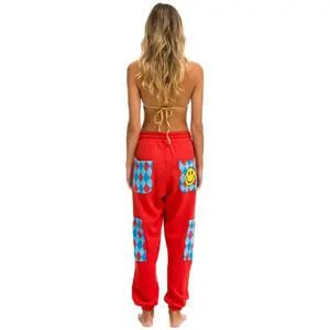 DIAMOND SMILEY 2 EMBROIDERY CARGO COLOR BLOCK SWEATPANTS - RED //SKY