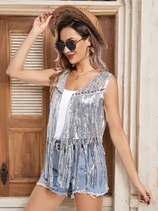 Women's Bohemian Sequin Fringe Vest, Solid, Spring Summer Casual Wear, Country Music Concert Clothing, Vacation Style, Western Fashion