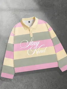 Pink stripe, Striped, polo collar long sleeved men's T-shirt, European and American street casual brand style, spring autumn winter pink shirt collar unisex sweatshirt fabric T-shirt with POLO