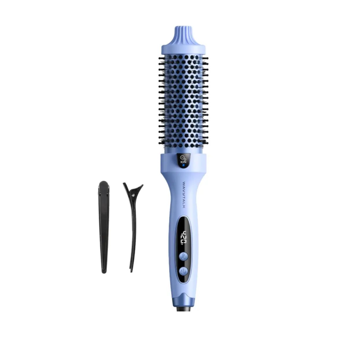 Wavytalk Thermal Brush Blowout Boost 1.5″ Heat Round Brush for Blowout Look | Negative Ion Technology, Tourmaline Ceramic, 5 Temperature Settings Dual Voltage, Less Damage, Blue
