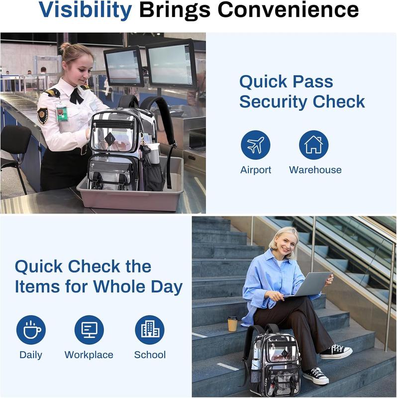 Clear Backpack for School & Work - Stylish Black Transparent Bookbag with Laptop Compartment, Waterproof PVC, Ideal for Security Checks & Daily Use Visibility