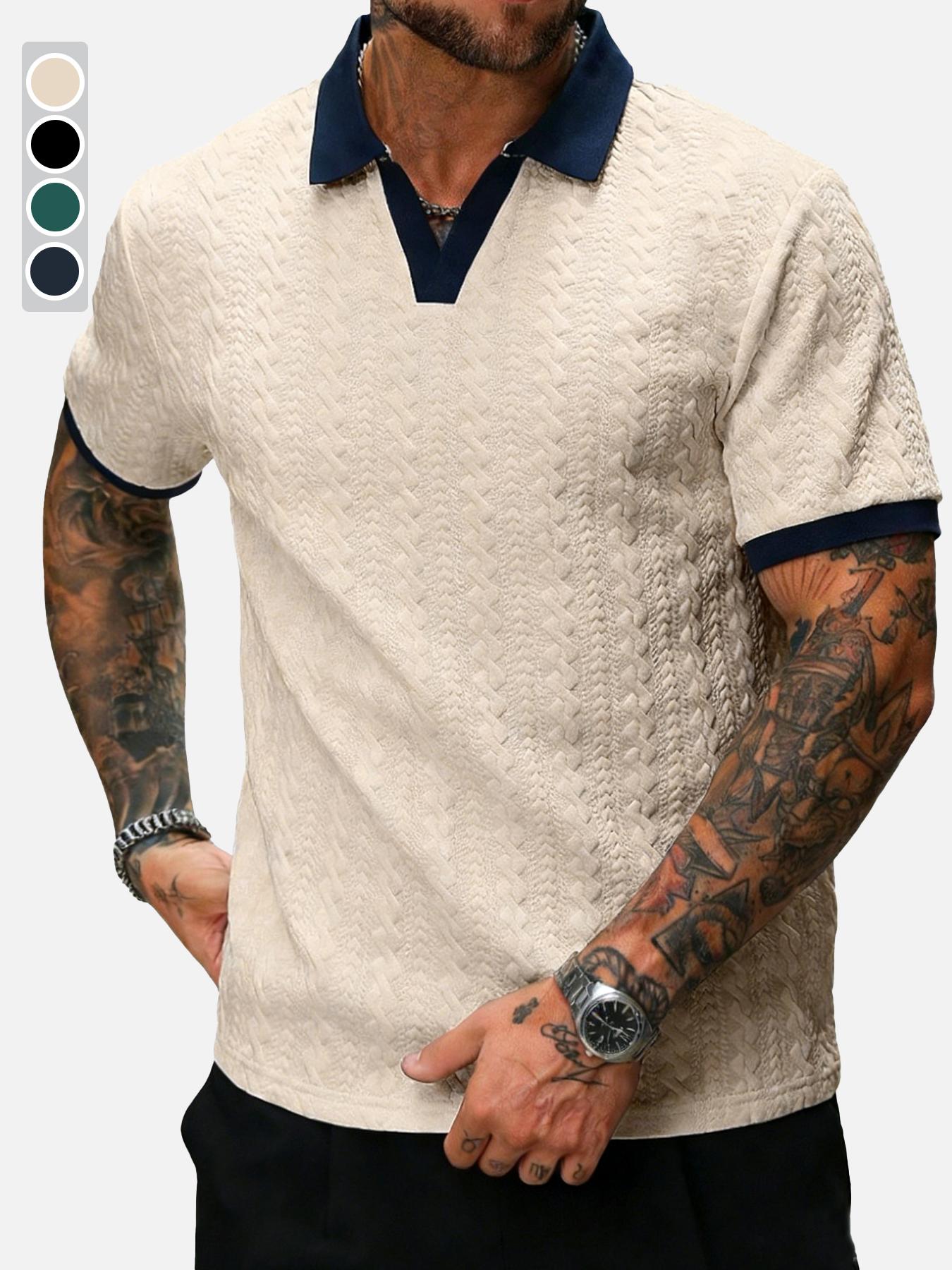 CasualCool men&rsquo;s contrast color short-sleeve casual commuter polo shirt; men&rsquo;s knitted polo shirt; cream polo shirt; men&rsquo;s V-neck knitted shirt; men&rsquo;s short-sleeve sweater polo; men&rsquo;s textured polo shirt; old money style tiktokshopspringglowup