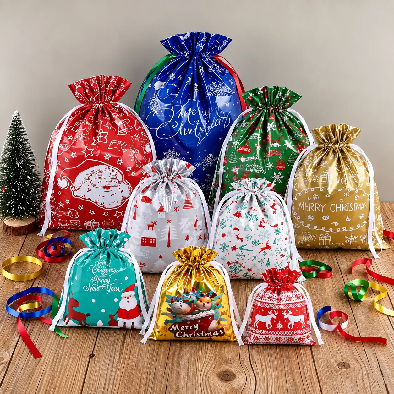 Drawstring Xmas Bags 20-Piece Drawstring Gift Bags & Tags Set - NO Scissors NO Tape
