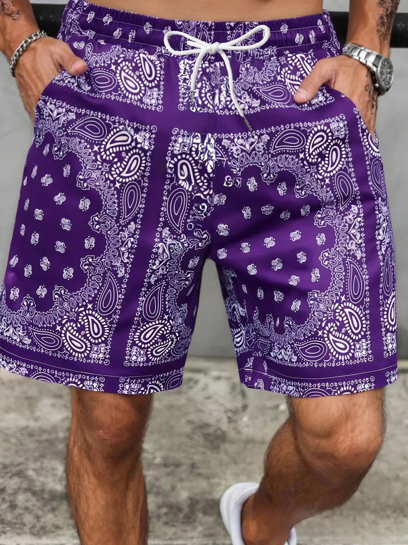 Men's Regular Fit Paisley Print Shorts, Casual Comfy Breathable Shorts for Beach Vacation, Men's Bottoms for Summer, Casual Streetwear Shorts, Breathable Printed Shorts, Lightweight Printed Shorts, Casual Summer Outdoor, Casual Drawstring Shorts