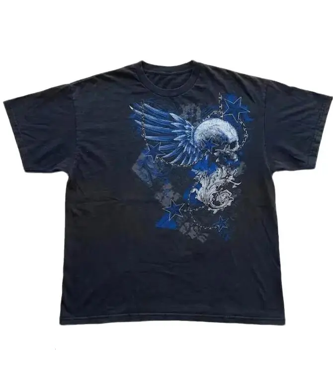 Vintage Cyber Skull Blue Wings Graphic Tee | Y2K Gothic Streetwear Unisex T-Shirt | Retro Dark Aesthetic | Trending Graphic Tee
