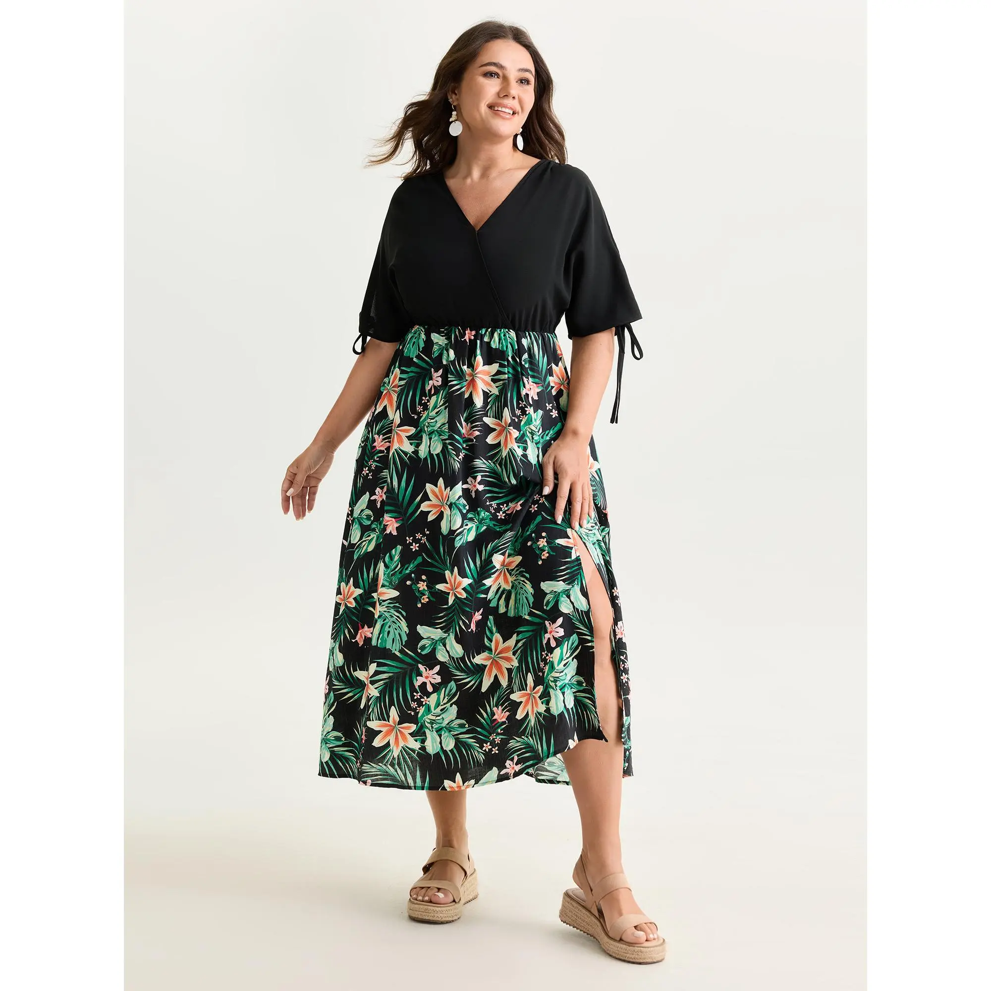 BloomChic Plus Size Maxi Dress for Women, Bohemian Hippie Style with Tropical Flowers Print and Shortsleeve Wrap Design, Garment, Casual