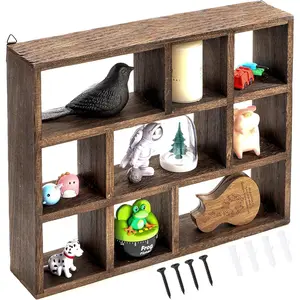 Shadow Box Display Shelf, 15" x 11.8" 9-Slot Rustic Floating Shelves,  Finish Wall Mountable/Freestanding Shelf with Screws for Wall Table or Desk