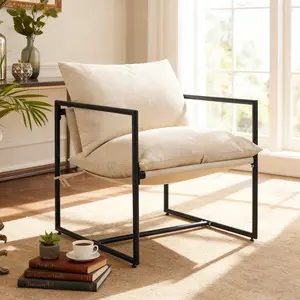 Mid Century Modern Accent Chair with Armrest Cozy Linen Upholstery Square Metal Frame 27.6"x27.6"x32.3 Easy Assembly Beige