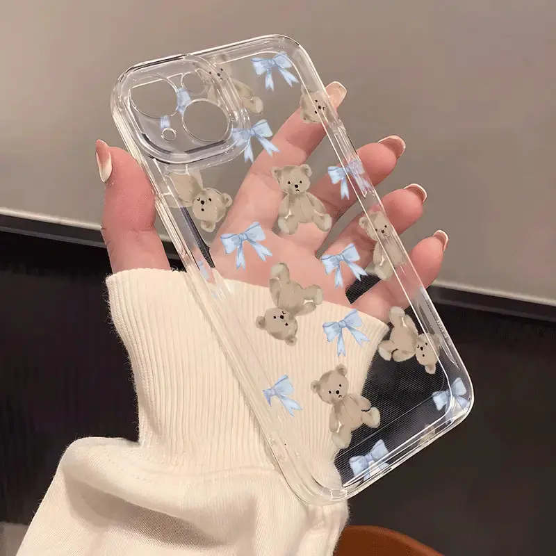 Stylish Clear iPhone Case with Blue Bow and Bear for iPhone 17 16 15 14 13 12 11  Plus  Pro Max