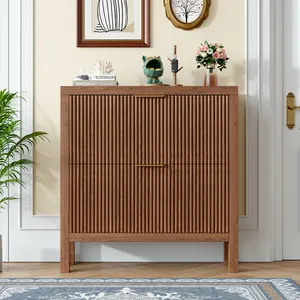 ZXVOIM 31.5'' Shoe Storage Cabinet for Entryway with 2 Flip Drawers, Narrow Wood Fluted Shoe Rack Cabinet,Freestanding Slim Shoe Organizer Cabinet for Foyer, Hallway