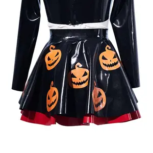 Latex Pleated Skirt for Women - Halloween Pumpkin Design, Black with Red Trim, Perfect for Festive Outfits