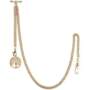 Pocket Watch Albert Chain T Bar & Lobster Clasps Watch Chain Vest Chain for Men Curb Link Chain 2 Hooks with Antique Life Tree Pendant Design Charm Fob T-Bar Chain