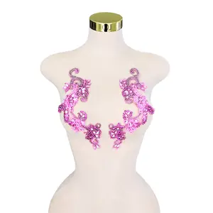 Handmade Pink Crystal Beaded Applique Floral Rhinestone Patch Pair for Dress Decoration Bridal Gowns DIY Embellishment