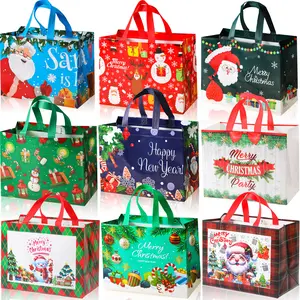 Reusable Christmas Gift Bags Set of 9, Festive Santa Reindeer Snowman Designs, Durable Handles for Holiday Parties & Surprises, Holiday Decoration, Party Supplies, Variety Party Pack, Gift Package