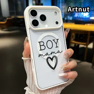 Magnetic Phone Case for iPhone 17 Pro Max 16 Plus 15 14 13 12 11 Air E Boy Mama Love Hard Acrylic Back Soft TPU Edge Four Corners Bumper Shockproof Cover Shell Gift
