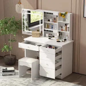 FUFU&GAGA Large Vanity Table Set Makeupdesk Dressing Table with Mirror Dresser Desk and Cushioned Stool Set (Slidding Lighted Mirror)